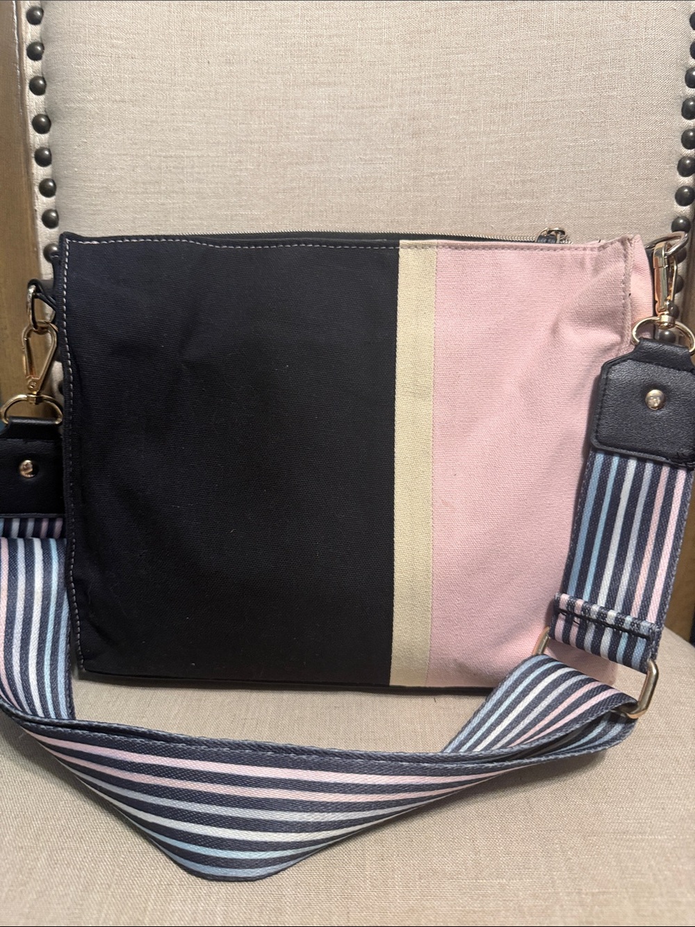 Erin Condren Black, Pink & Cream Striped Cotton Crossbody Bag